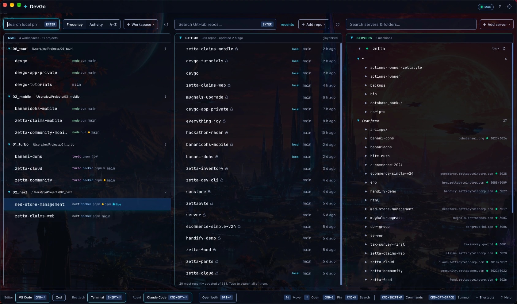 DevGo on a Mac: Mac, GitHub and Servers lanes, with the zetta server expanded.