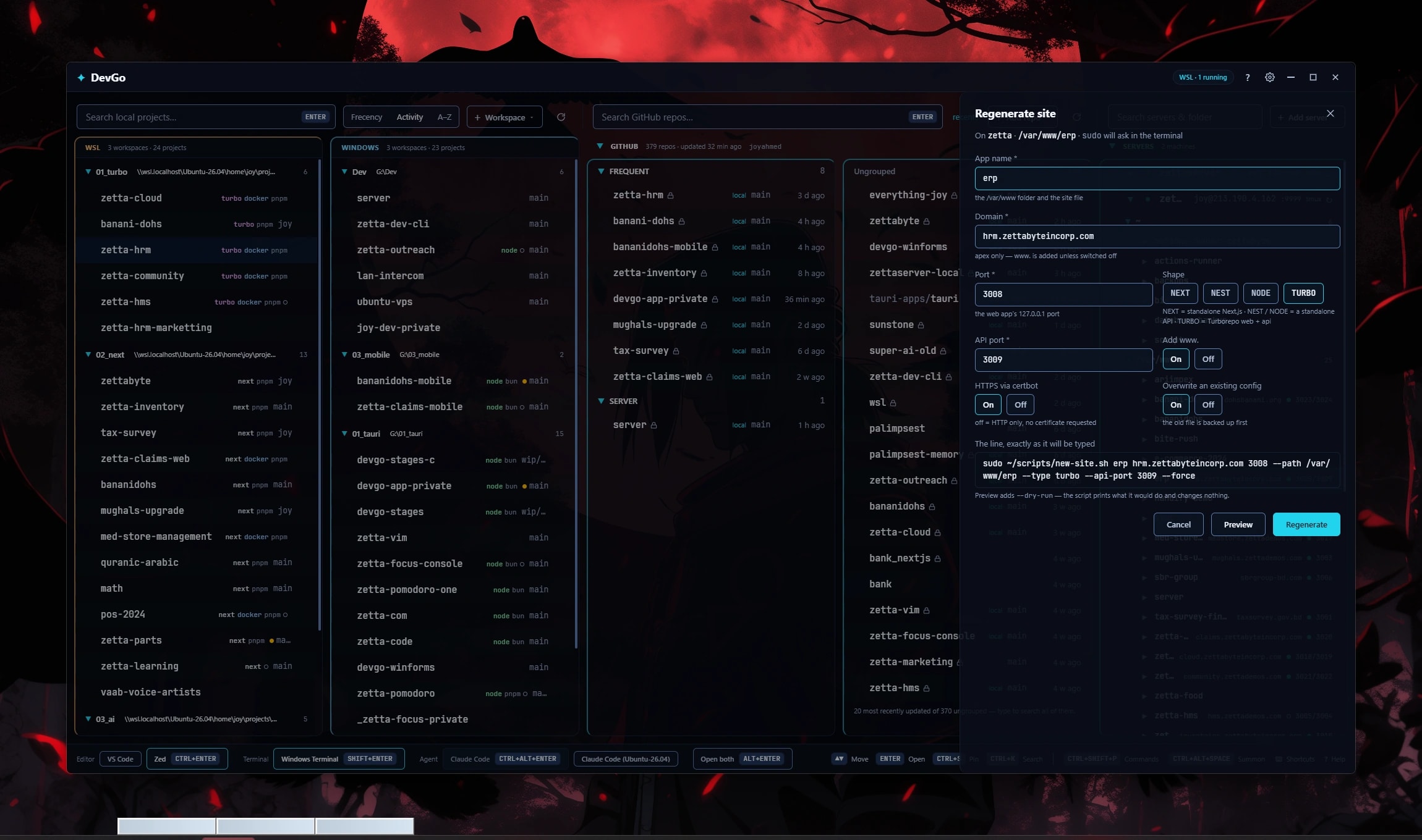 The Regenerate site form on the zetta server: app name, domain, port, API port, HTTPS, shape and www, with the exact command line it will type shown beneath.