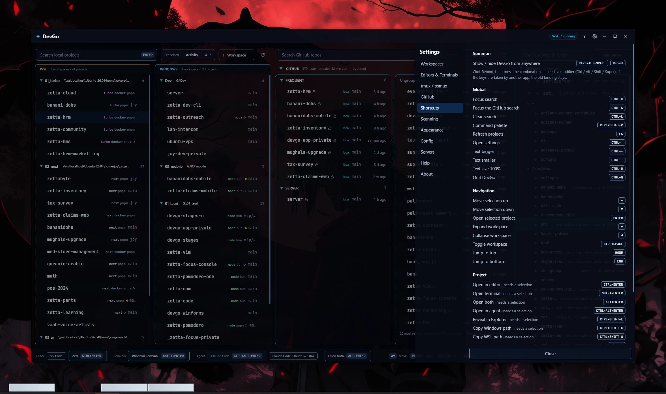 Settings › Shortcuts: every key DevGo binds, in one list.