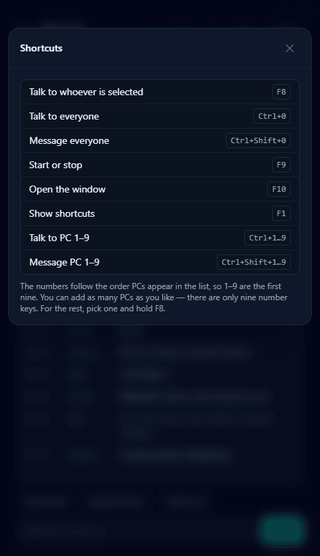 The shortcut list, with the nine talk and nine message keys collapsed into one row each.