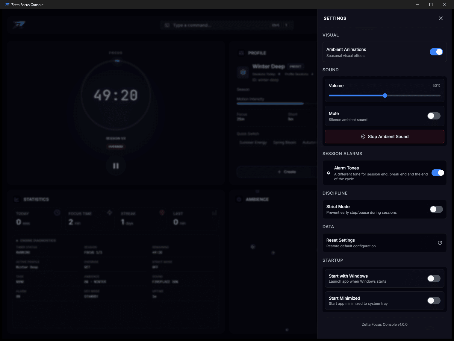 The settings panel, showing theme, ambience, sound and alarm controls.