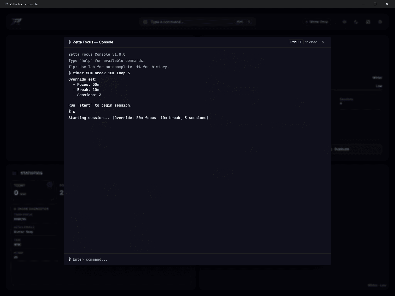 The console open over the app, showing a compound timer command, the override it set, and “s” starting the session.
