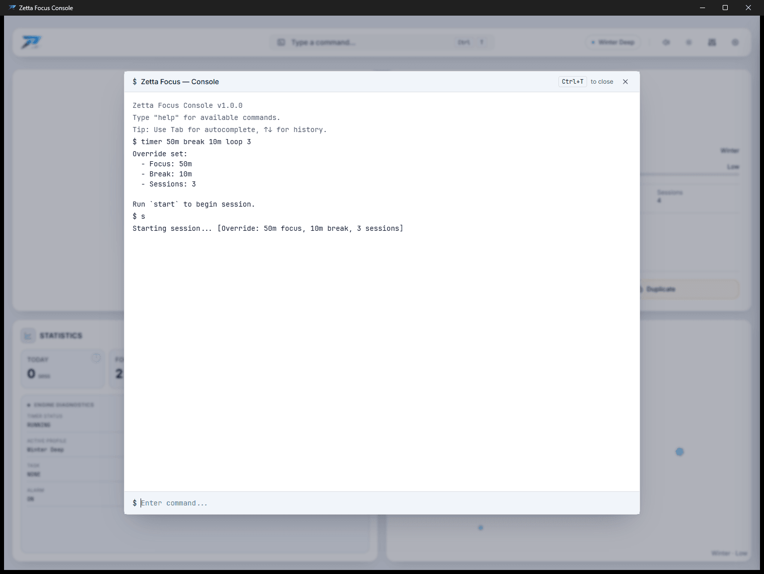 The console open over the app, showing a compound timer command, the override it set, and “s” starting the session.